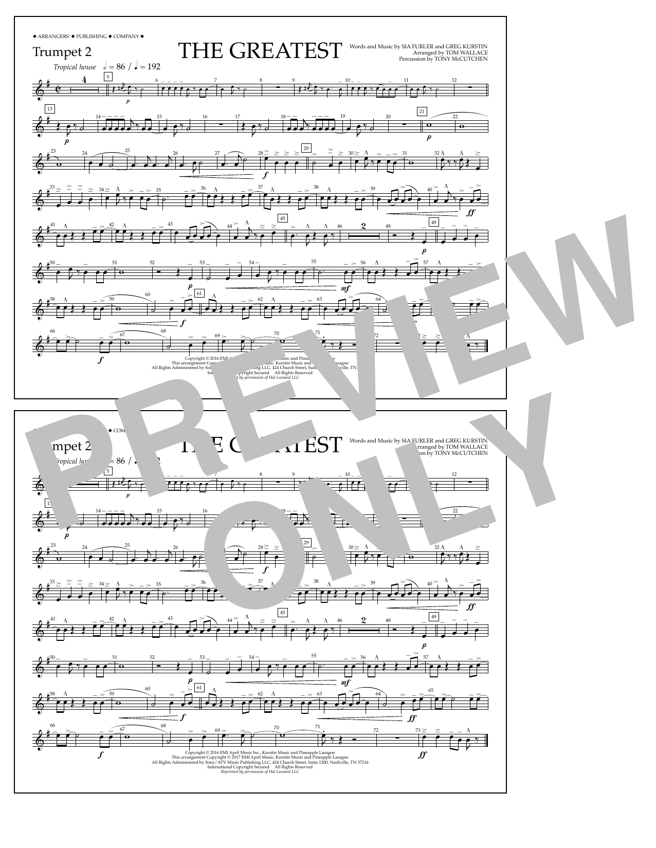 Download Tom Wallace The Greatest - Trumpet 2 Sheet Music