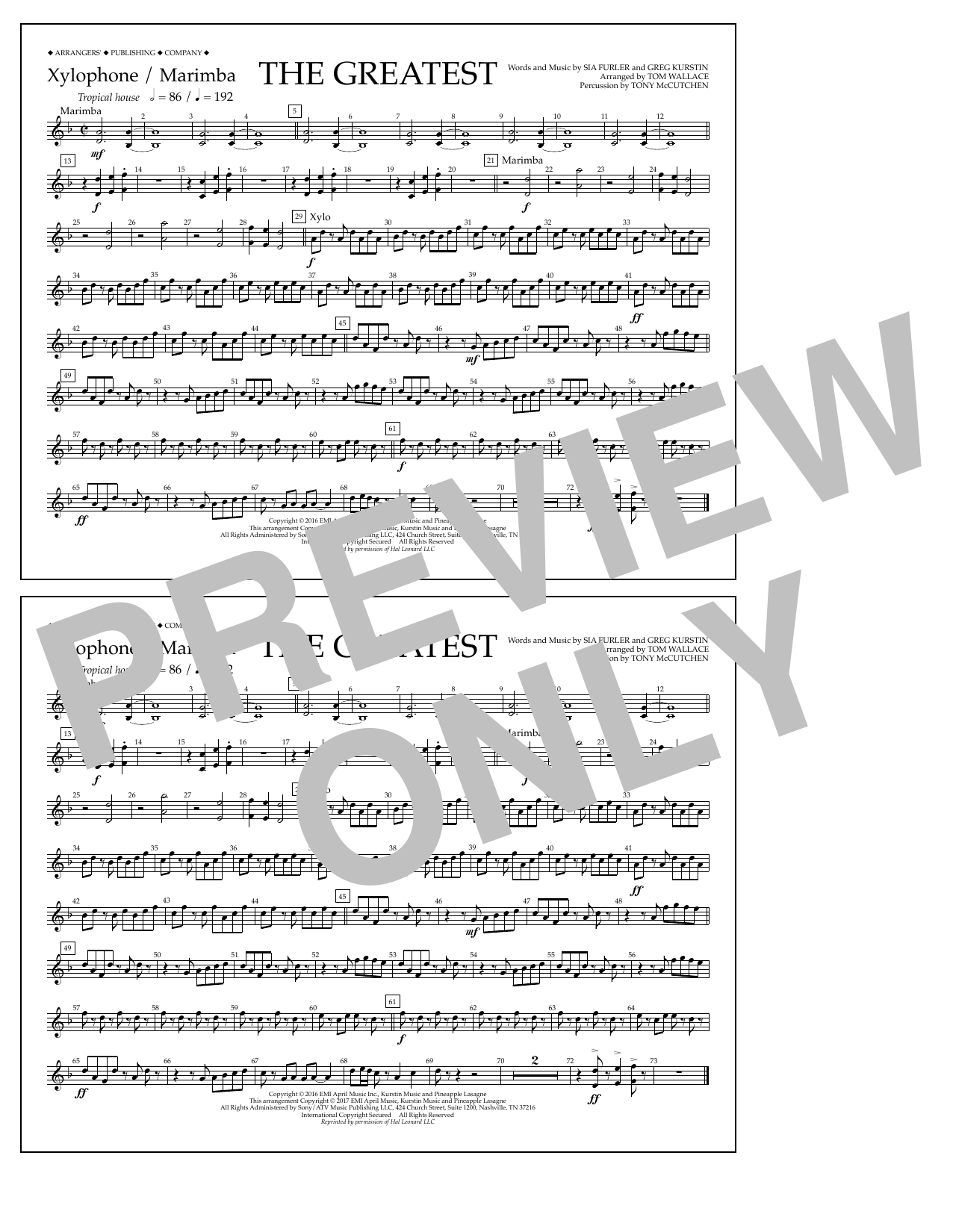 Download Tom Wallace The Greatest - Xylophone/Marimba Sheet Music
