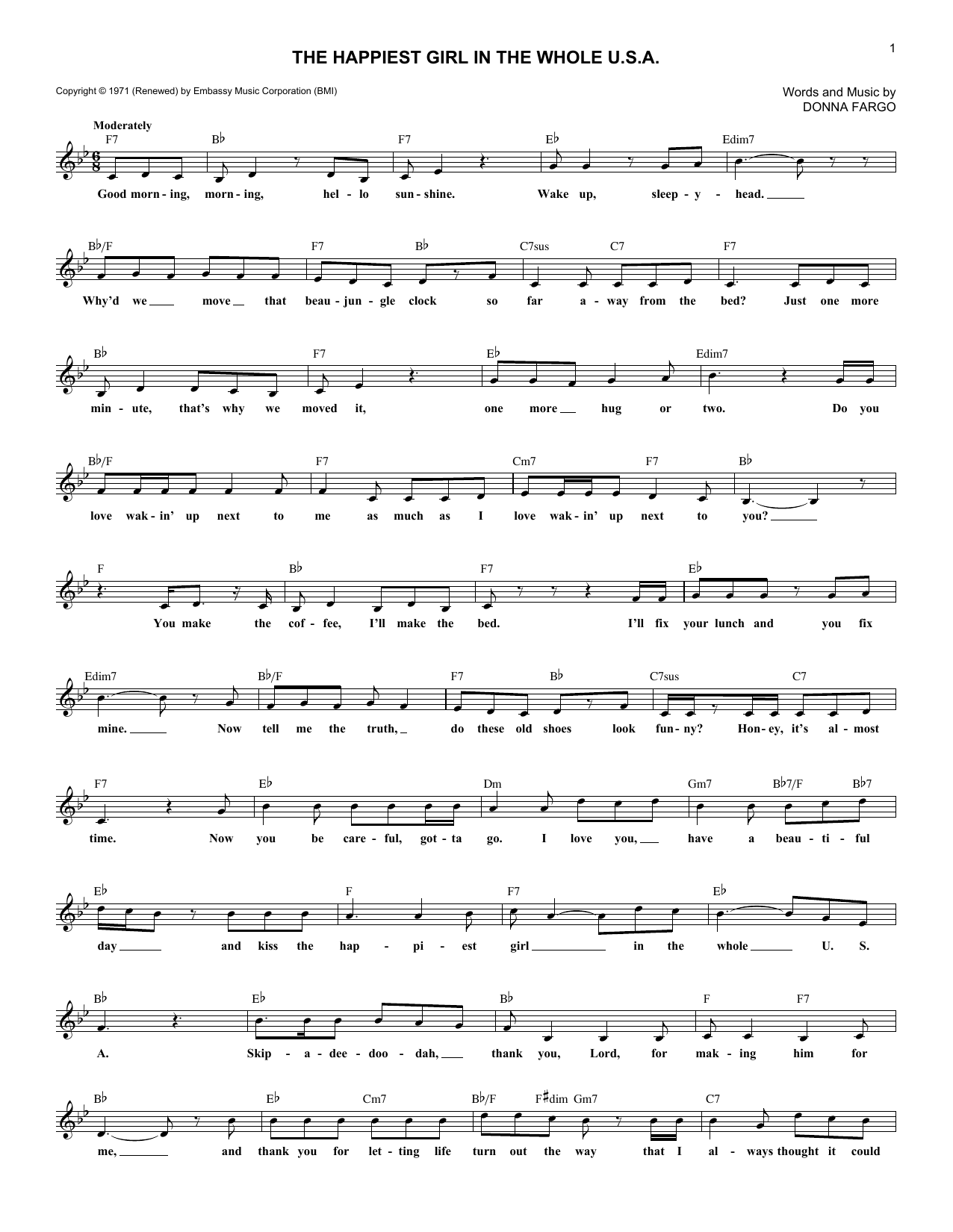 Download Donna Fargo The Happiest Girl In The Whole U.S.A. Sheet Music