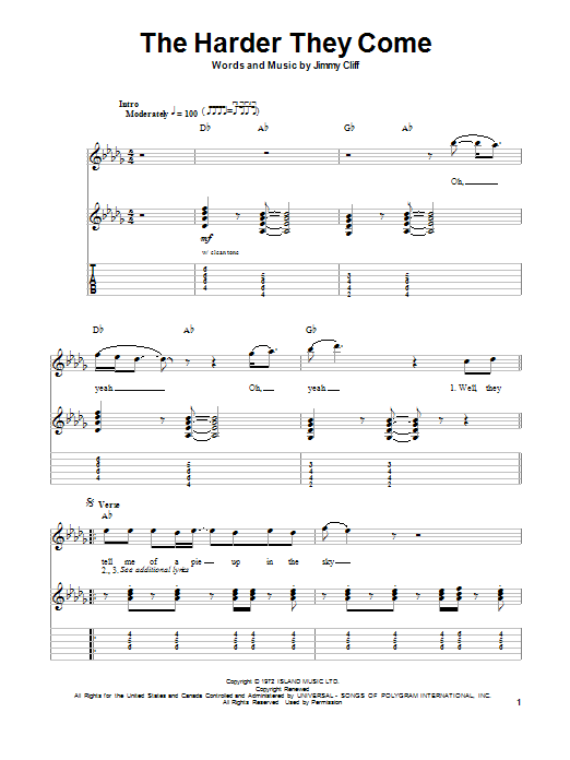 Download Jimmy Cliff The Harder They Come Sheet Music
