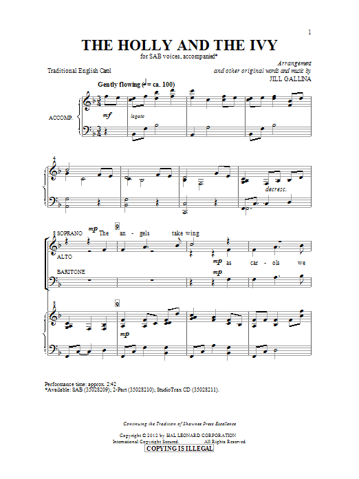 Download Christmas Carol The Holly And The Ivy (arr. Jill Gallin Sheet Music