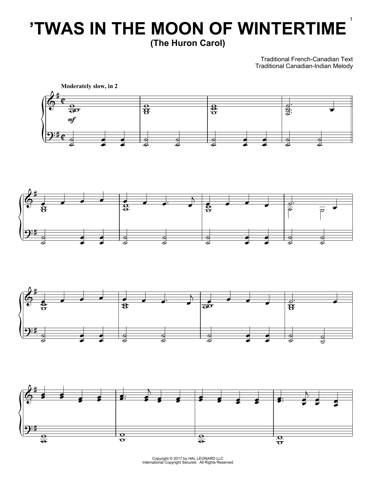 Download Traditional The Huron Carol ('Twas In The Moon Of W Sheet Music