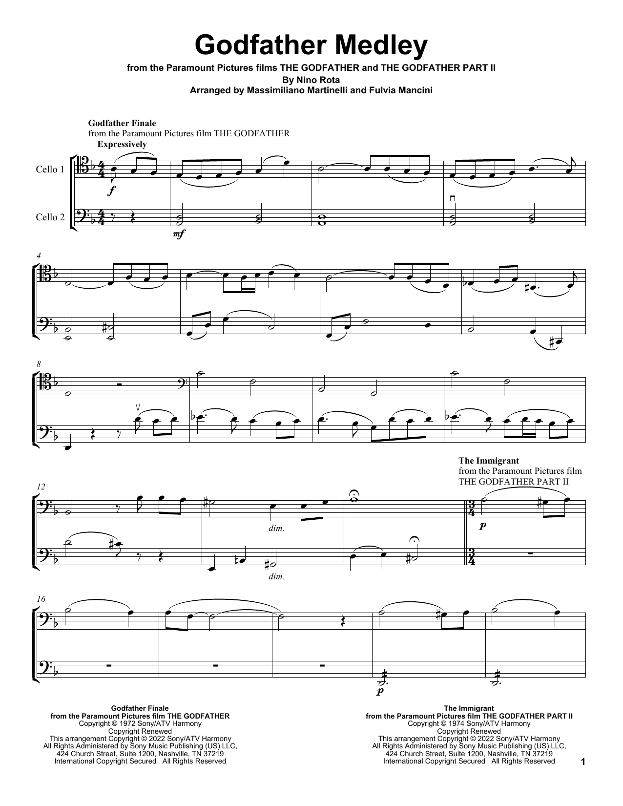Download Mr & Mrs Cello The Immigrant (from The Godfather Part Sheet Music