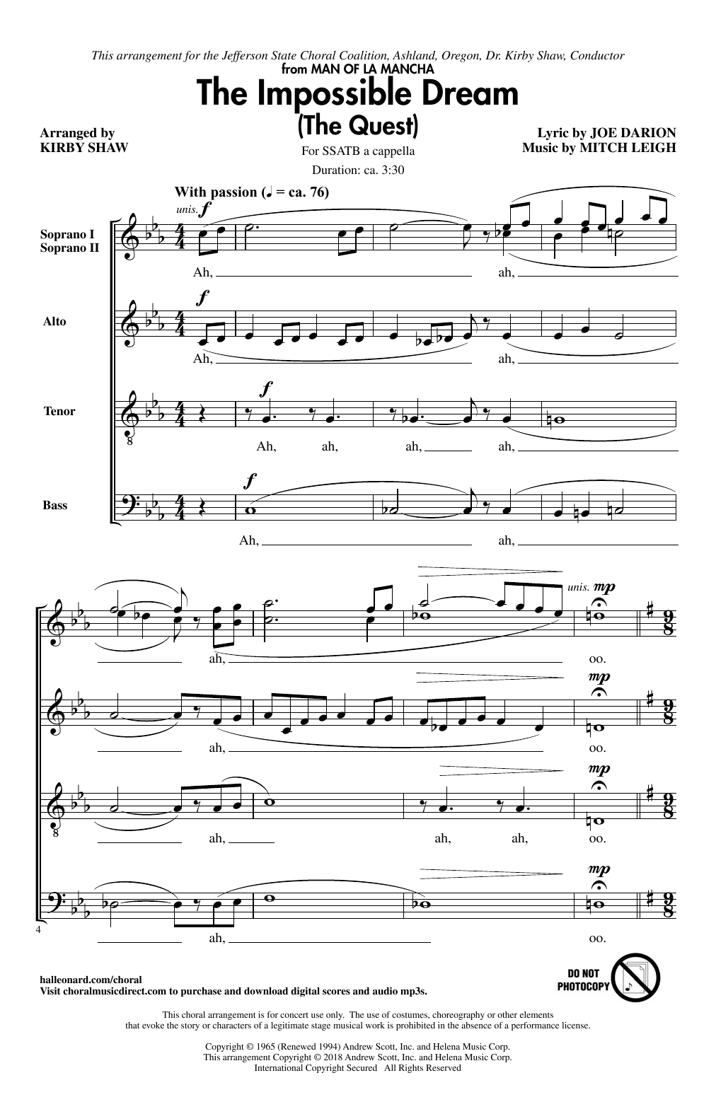 Download Kirby Shaw The Impossible Dream (The Quest) Sheet Music