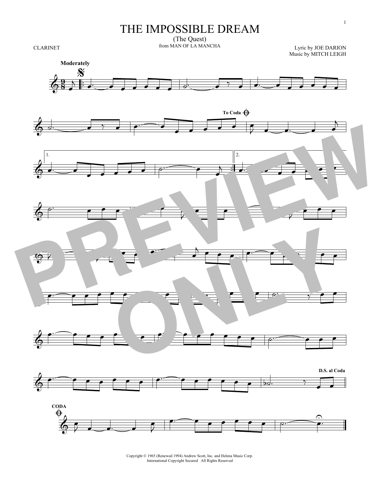 Download Mitch Leigh The Impossible Dream (The Quest) Sheet Music