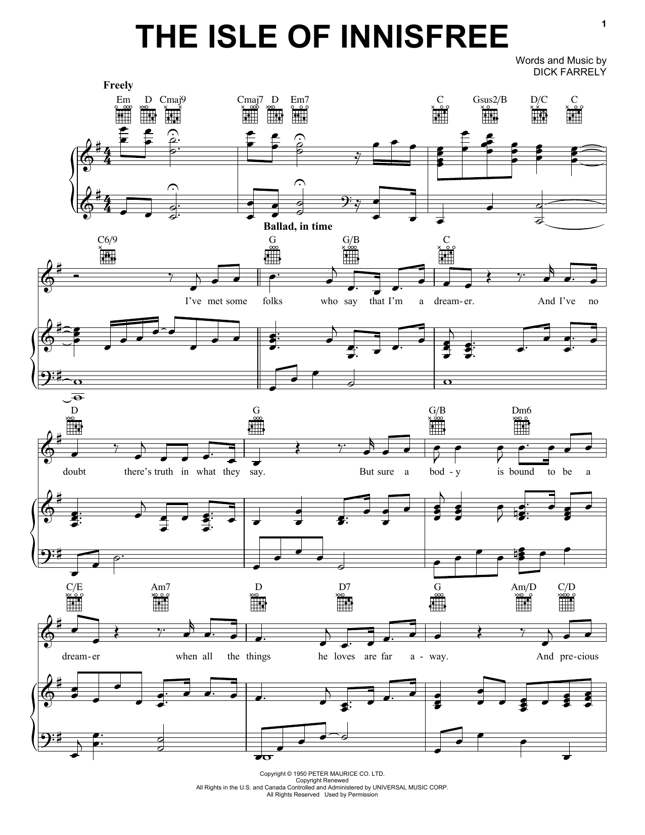 Download Celtic Thunder The Isle Of Innisfree Sheet Music