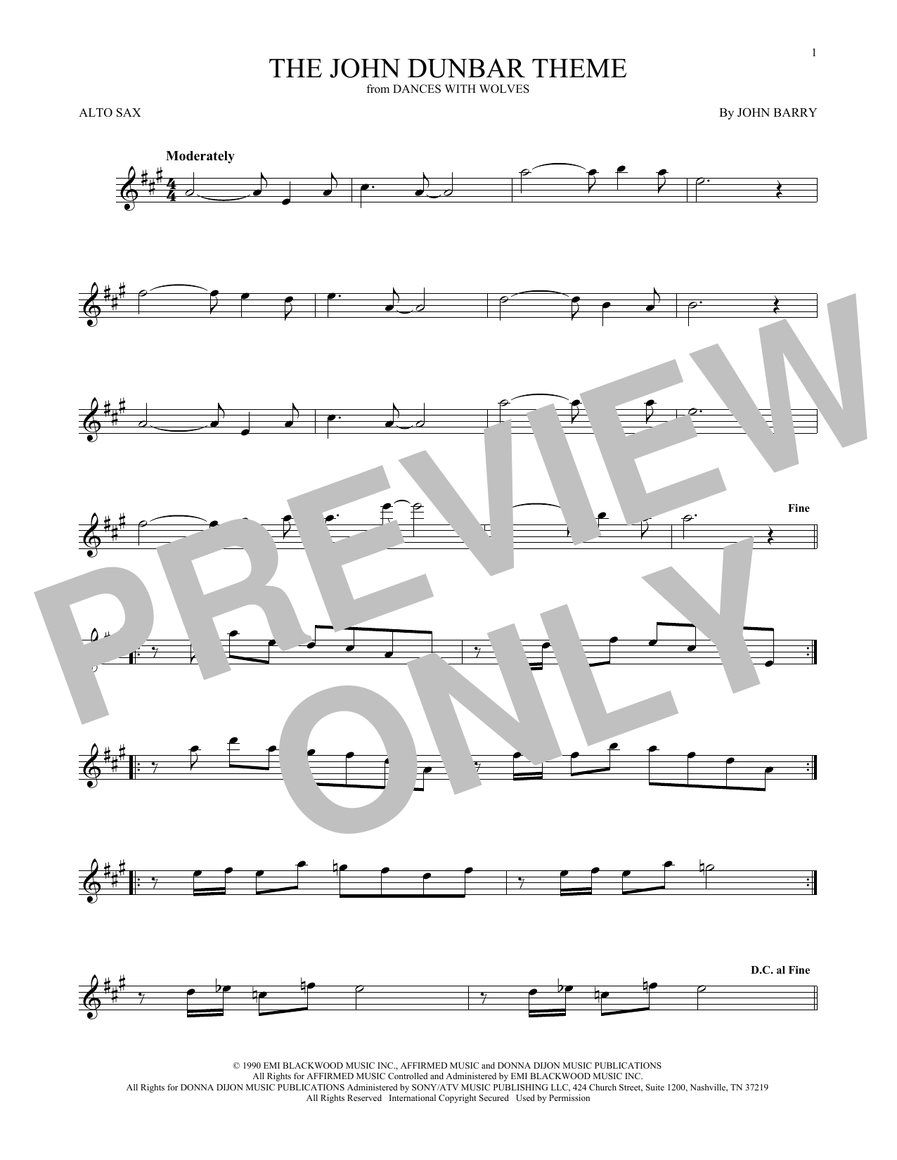 Download John Barry The John Dunbar Theme Sheet Music