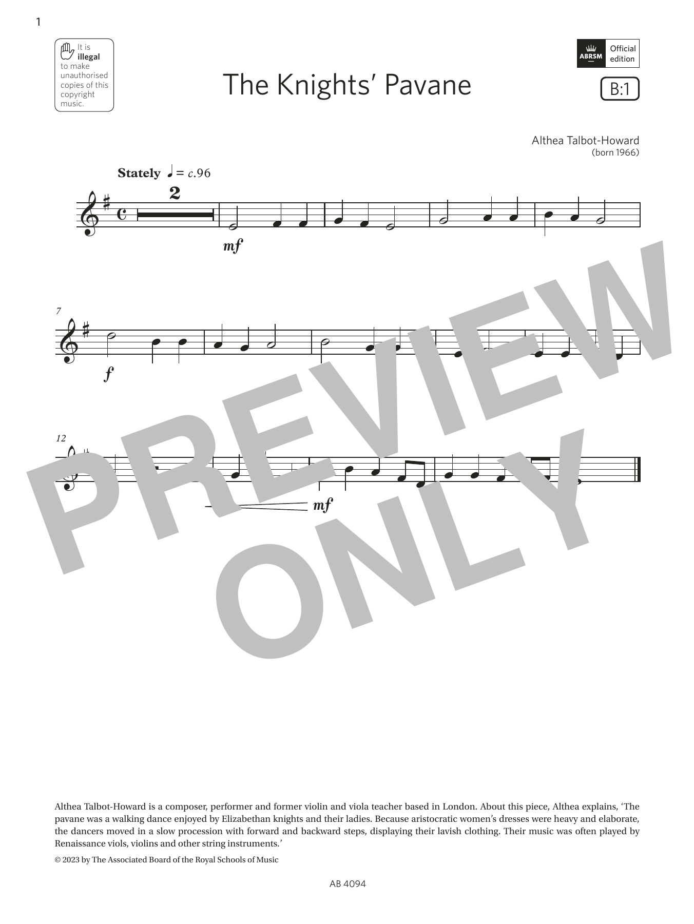 Download Althea Talbot-Howard The Knights' Pavane (Grade Initial, B1, Sheet Music