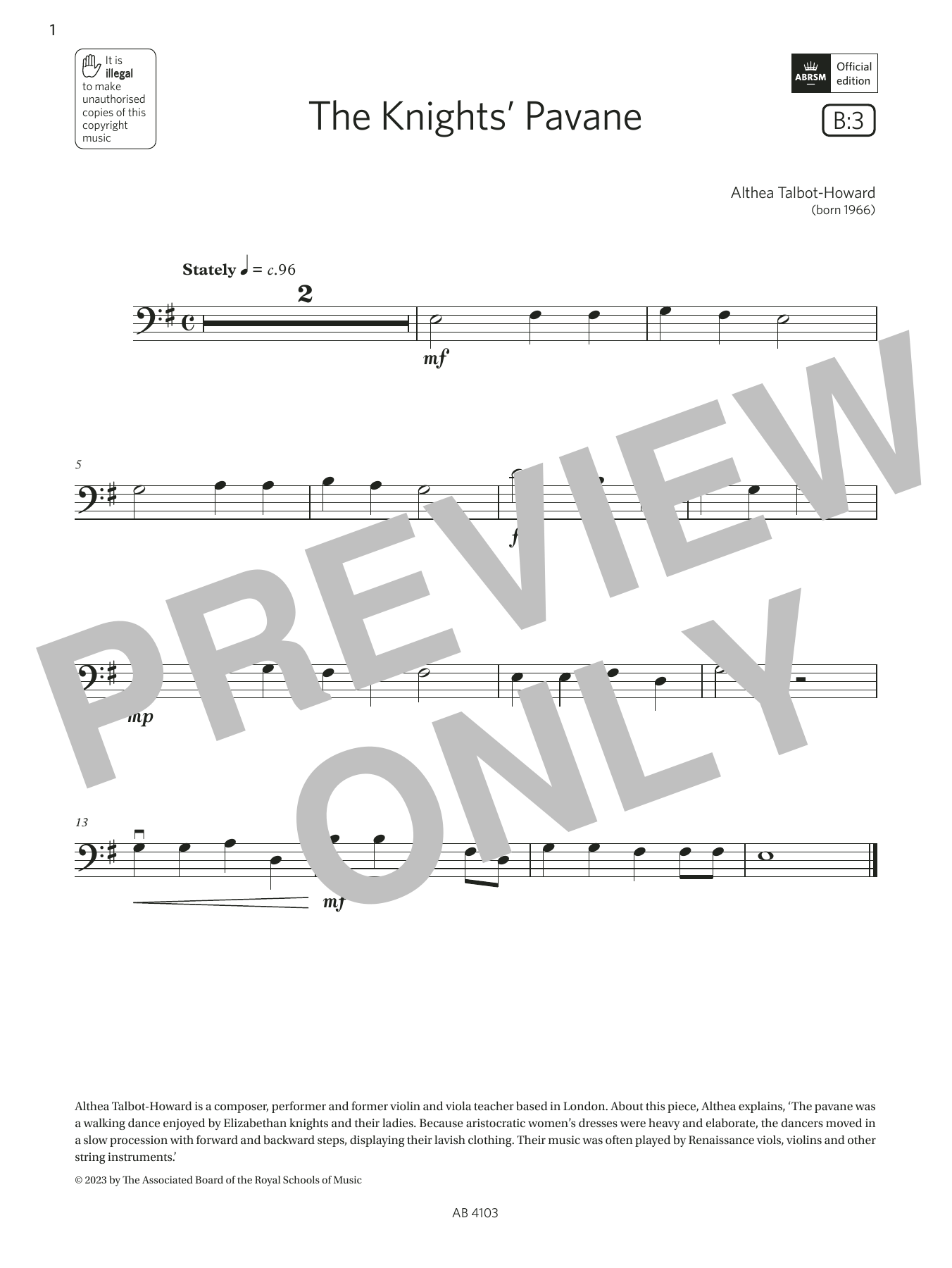 Download Althea Talbot-Howard The Knights' Pavane (Grade Initial, B3, Sheet Music
