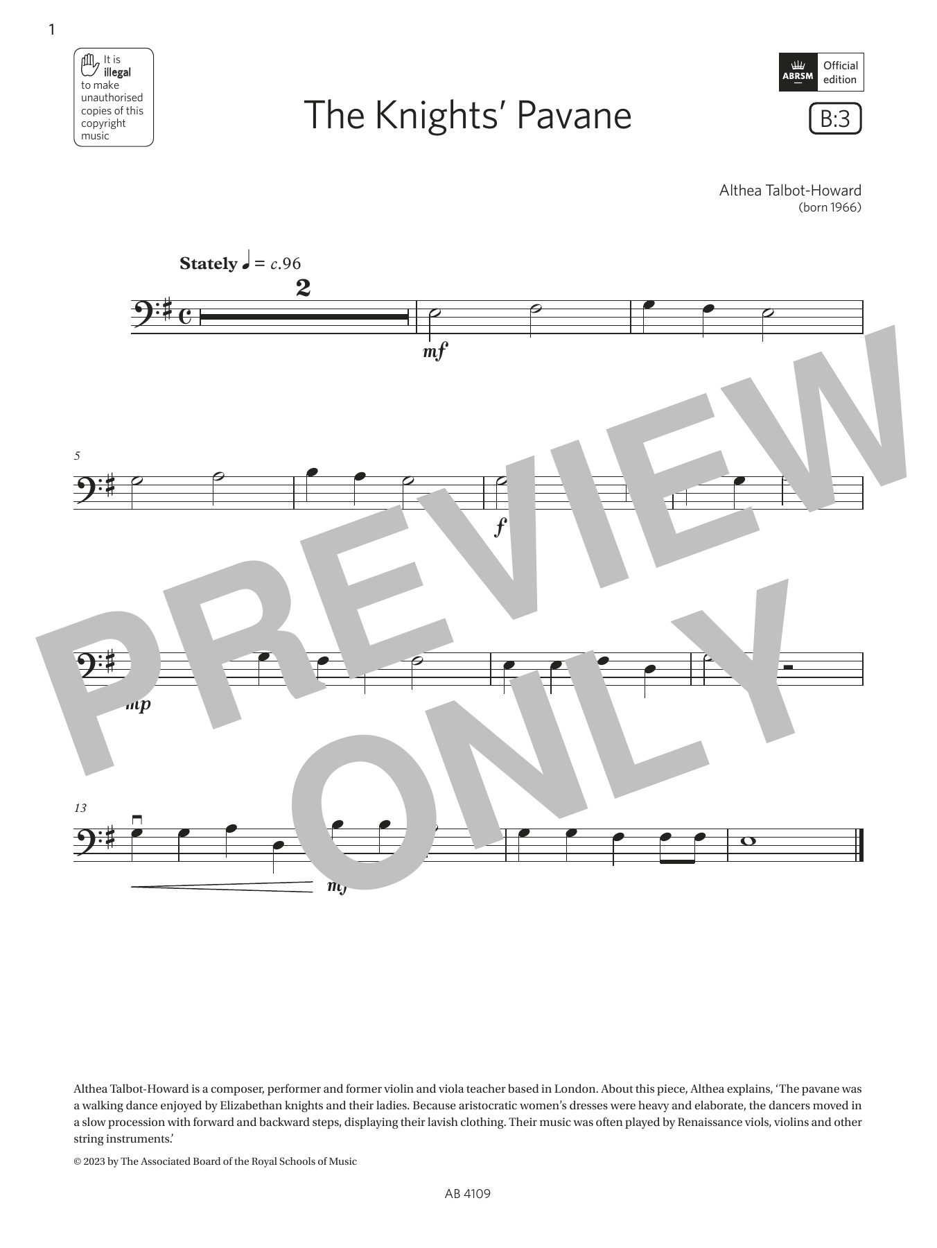 Download Althea Talbot-Howard The Knights' Pavane (Grade Initial, B3, Sheet Music