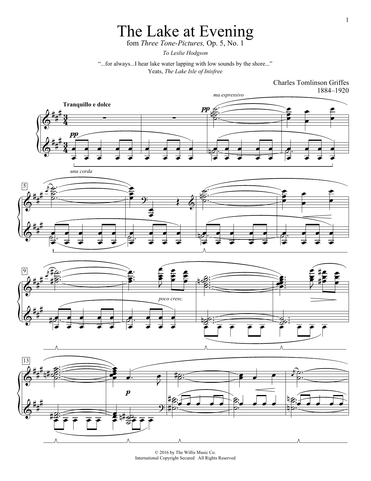 Download Charles Tomlinson Griffes The Lake At Evening Sheet Music
