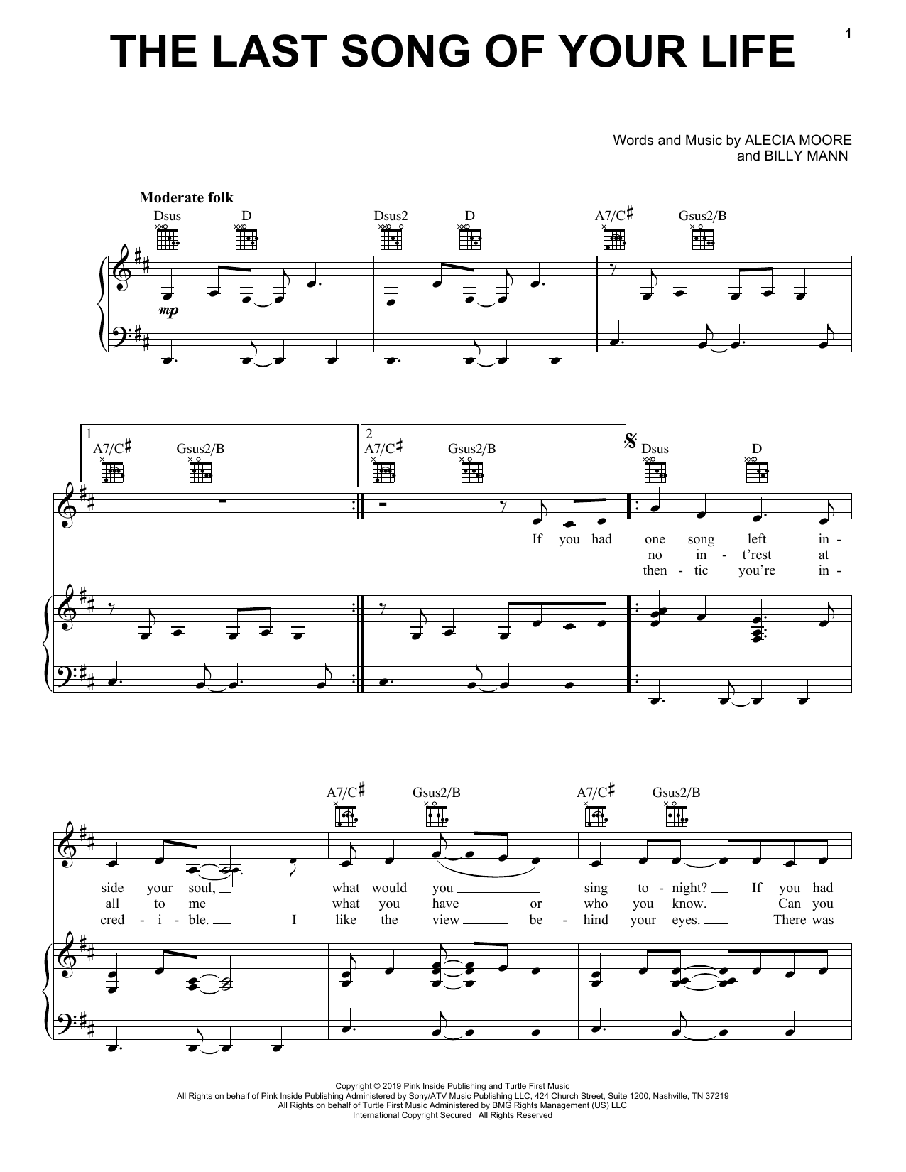 Download Pink The Last Song Of Your Life Sheet Music