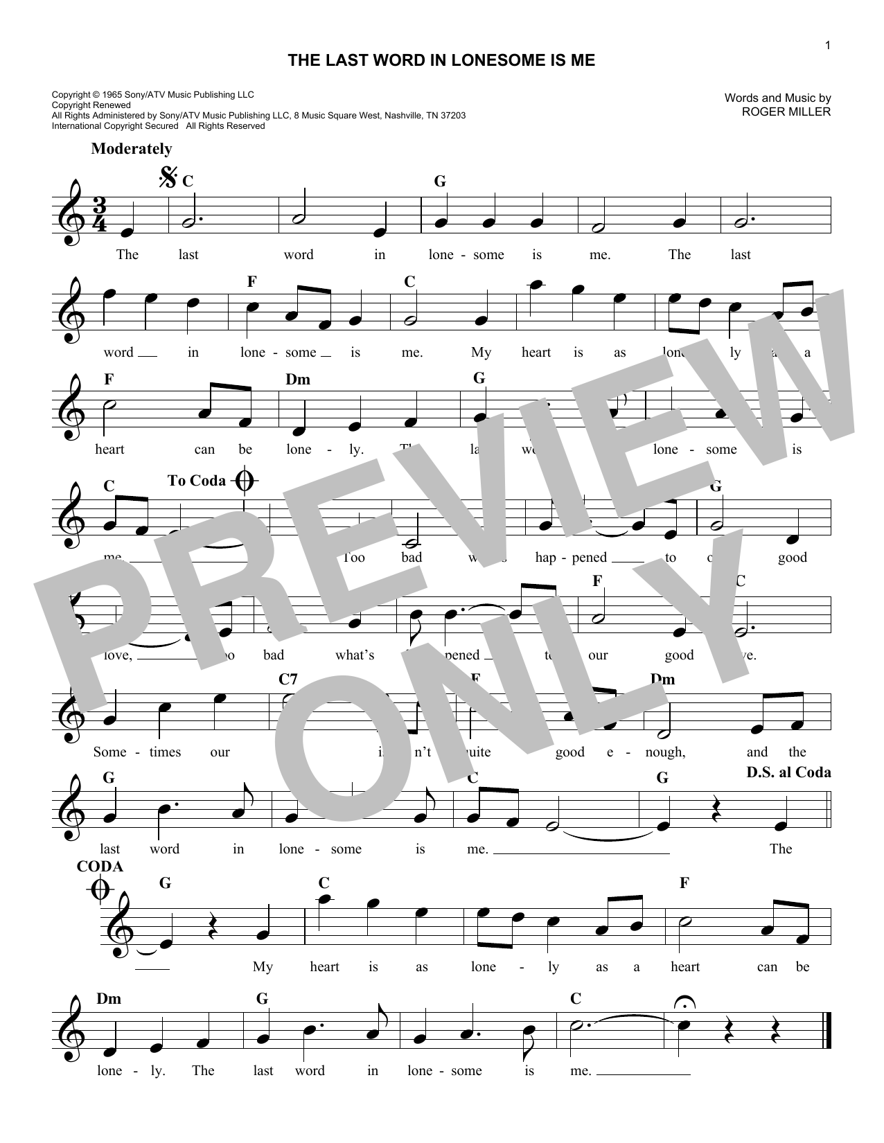 Download Roger Miller The Last Word In Lonesome Is Me Sheet Music