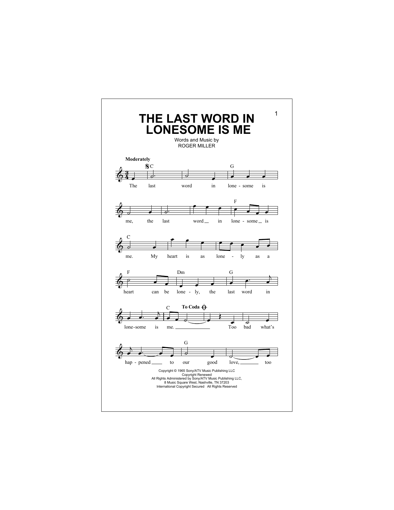Download Roger Miller The Last Word In Lonesome Is Me Sheet Music