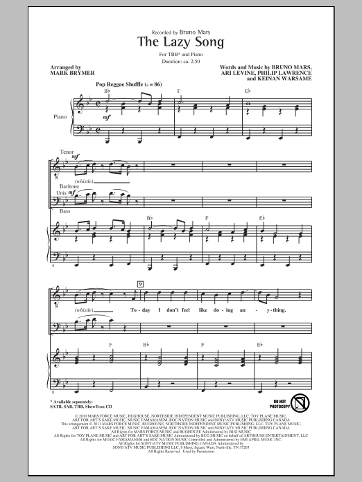 Download Bruno Mars The Lazy Song (arr. Mark Brymer) Sheet Music