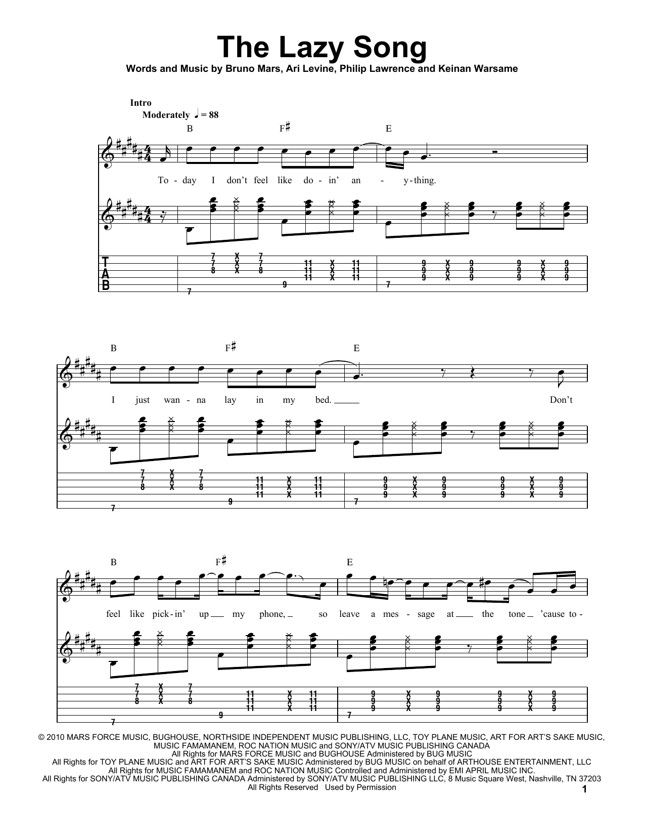 Download Bruno Mars The Lazy Song Sheet Music