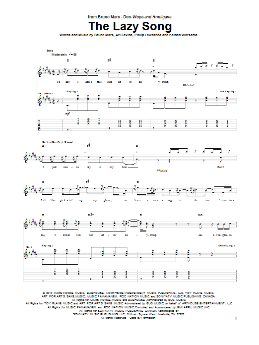 Download Bruno Mars The Lazy Song Sheet Music