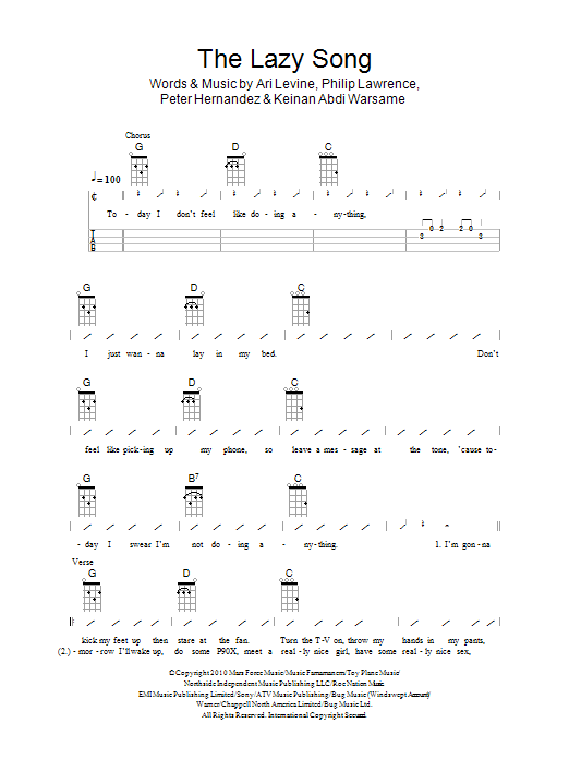 Download The Ukuleles The Lazy Song Sheet Music