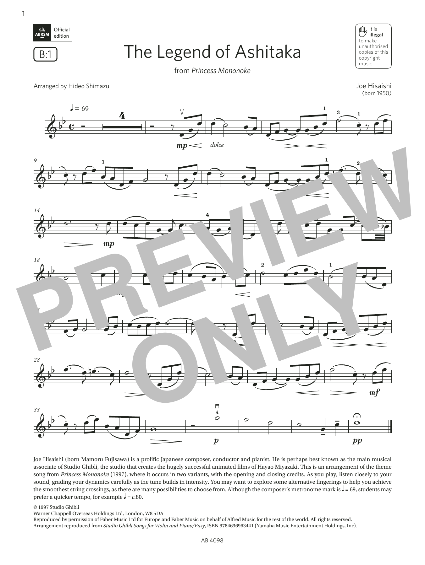 Download Joe Hisaishi The Legend of Ashitaka (Grade 4, B1, fr Sheet Music
