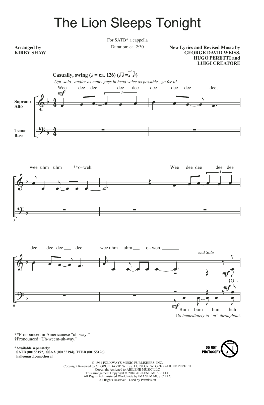 Download The Tokens The Lion Sleeps Tonight (arr. Kirby Sha Sheet Music