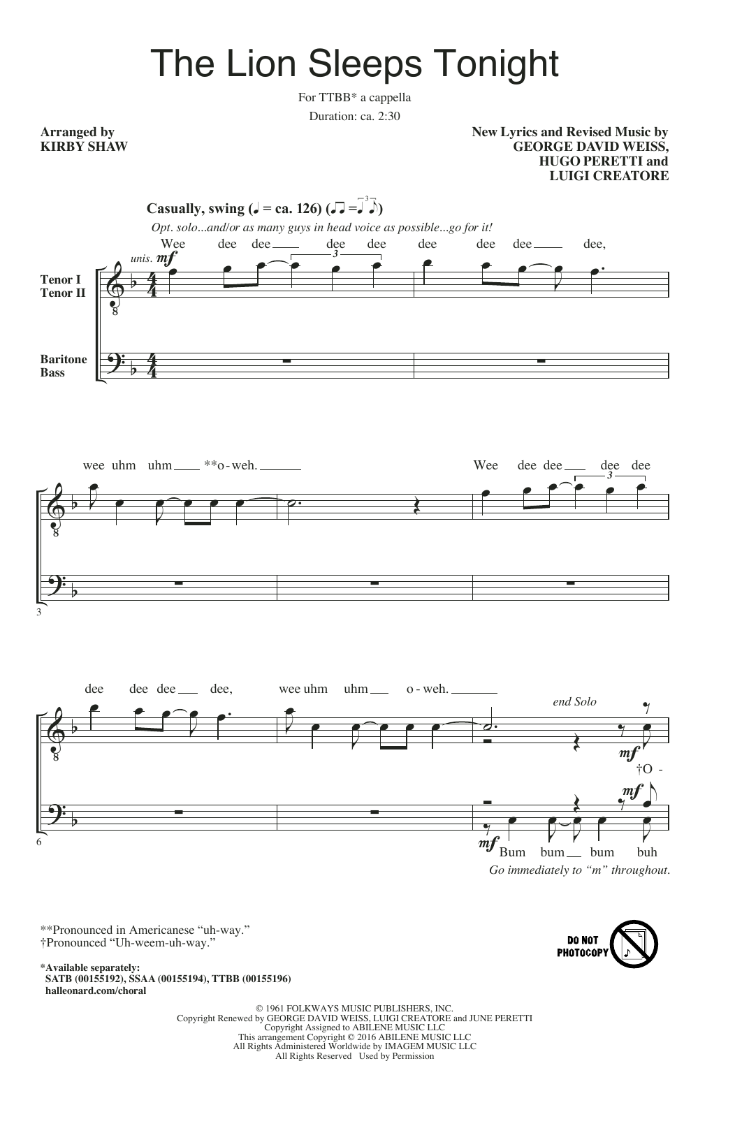 Download The Tokens The Lion Sleeps Tonight (arr. Kirby Sha Sheet Music