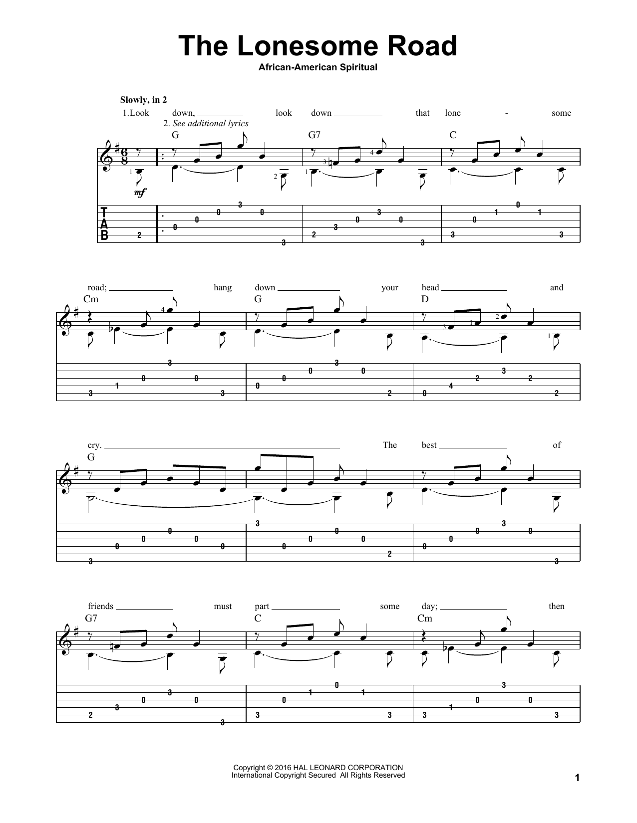 Download African-American Spiritual The Lonesome Road Sheet Music