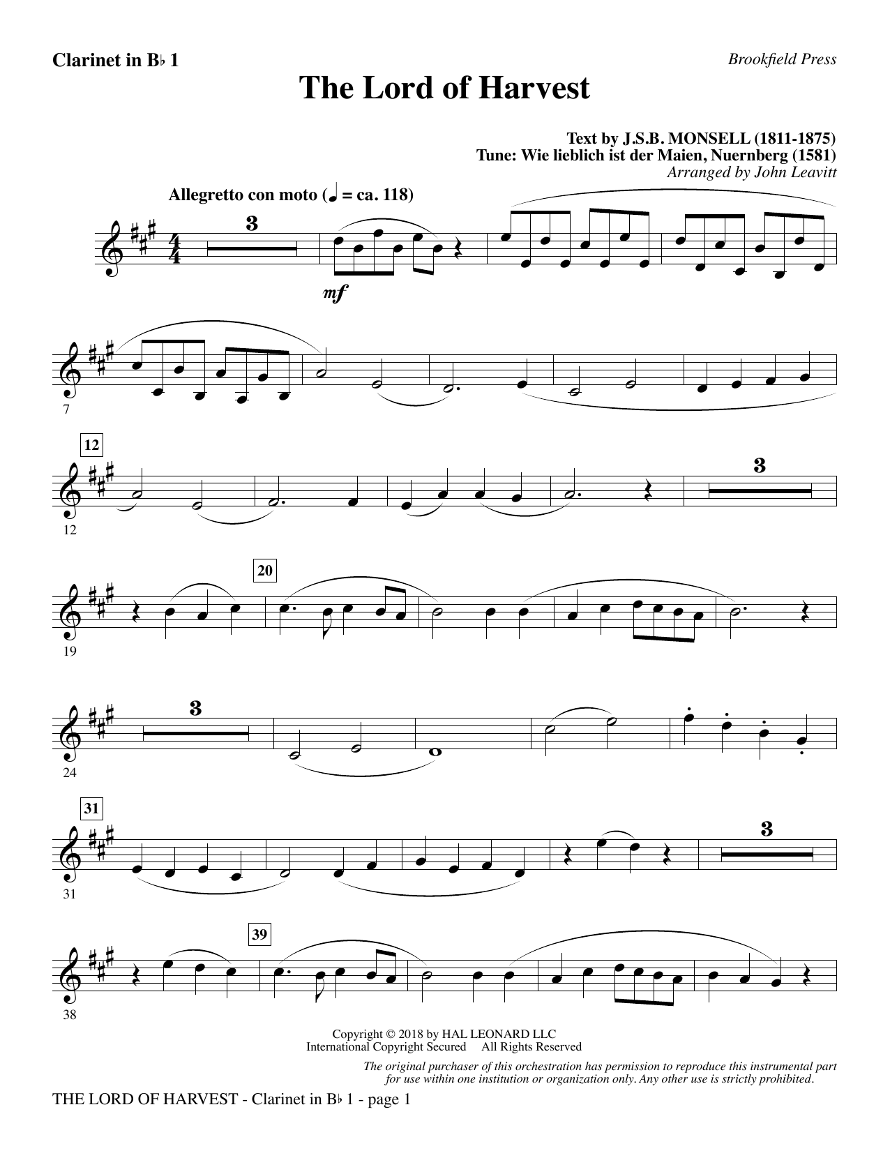 Download John Leavitt The Lord of Harvest - Bb Clarinet 1 Sheet Music