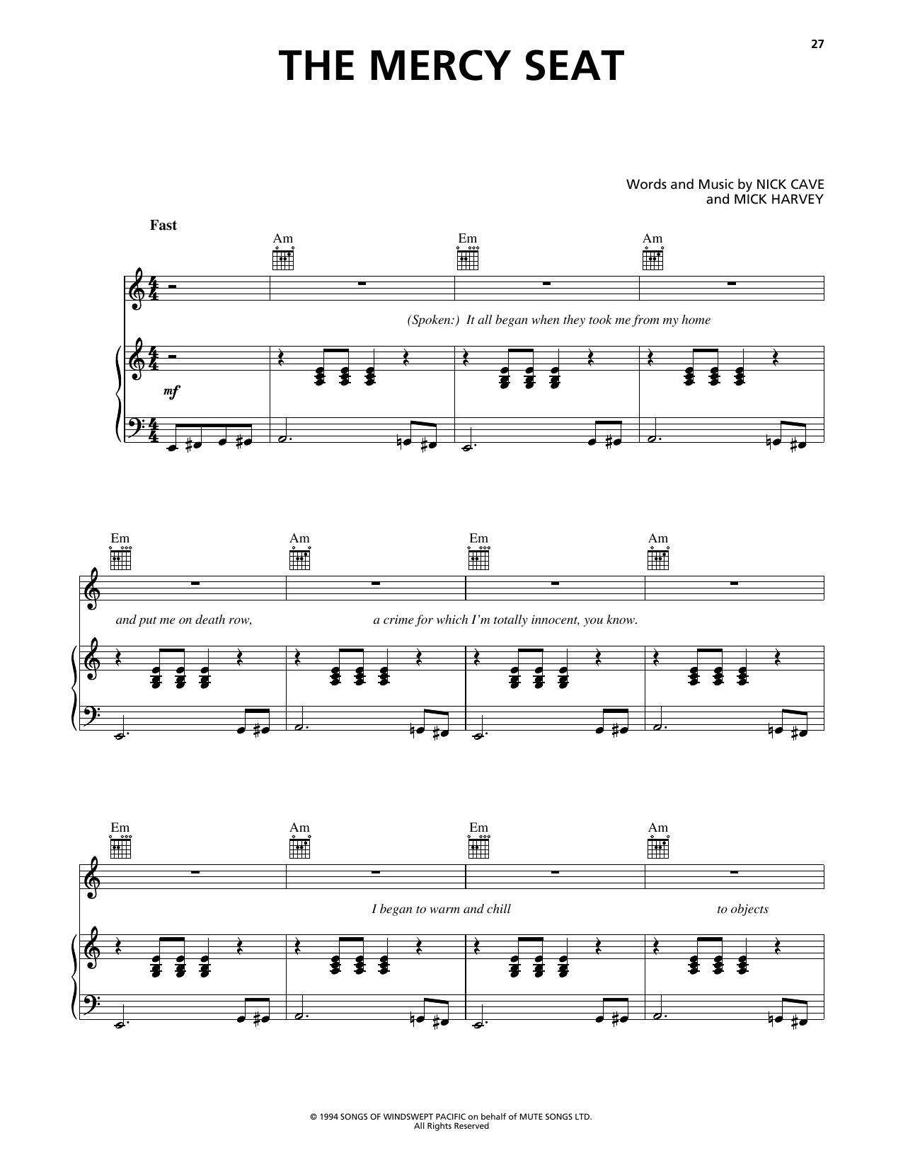 Download Johnny Cash The Mercy Seat Sheet Music