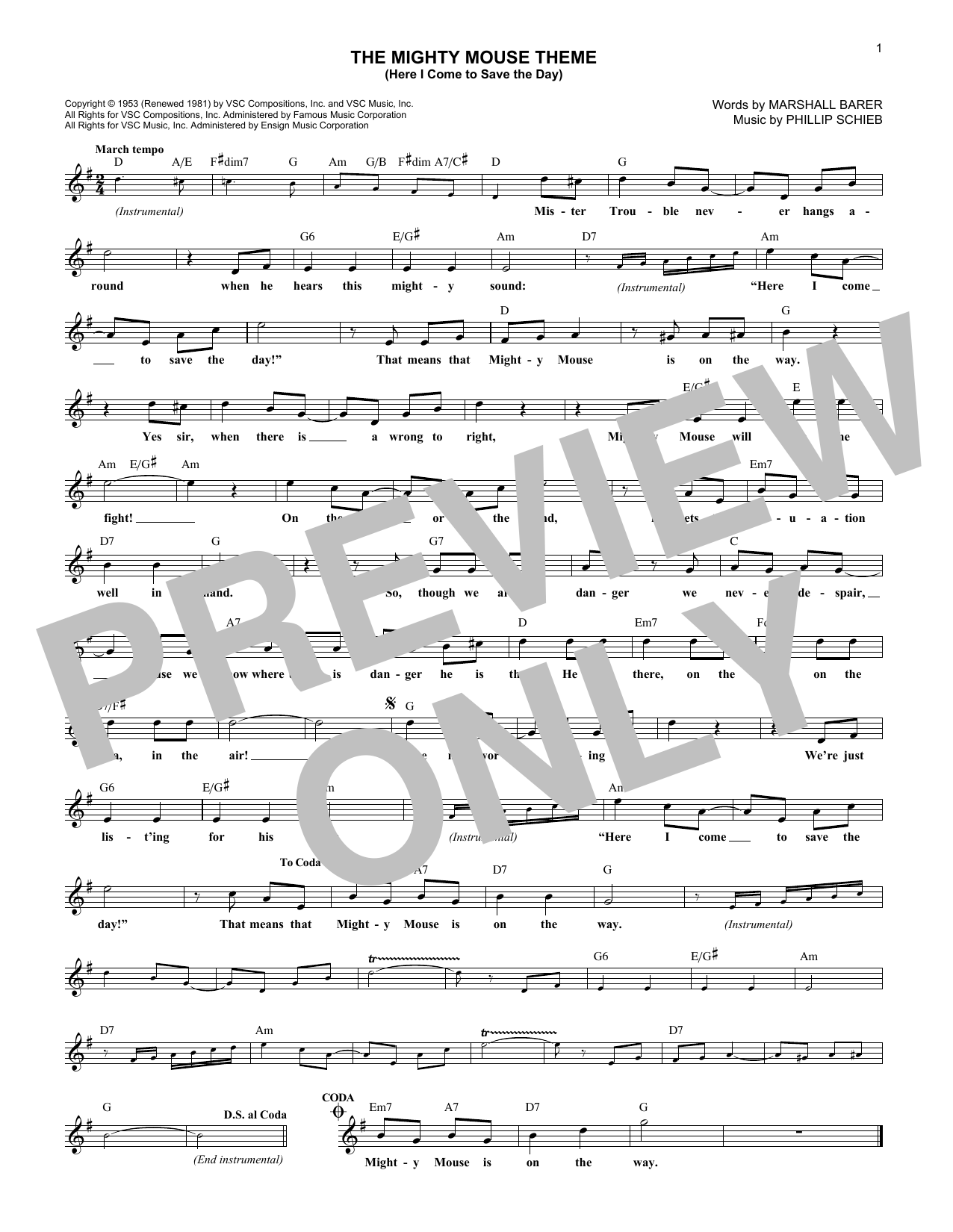 Download Marshall Barer The Mighty Mouse Theme (Here I Come To Sheet Music
