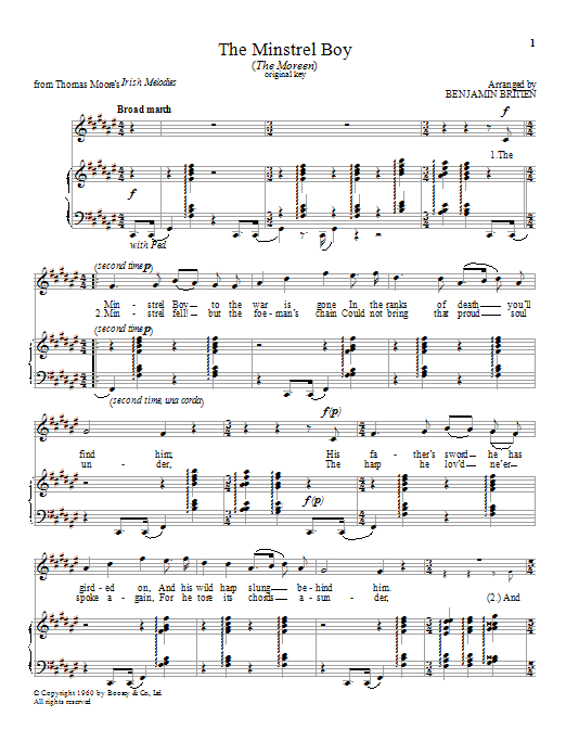 Download Benjamin Britten The Minstrel Boy Sheet Music