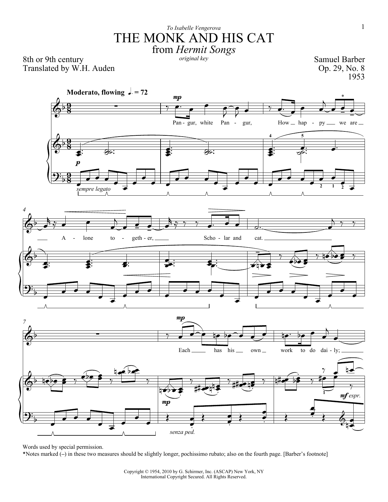 Download Samuel Barber The Monk And His Cat Sheet Music