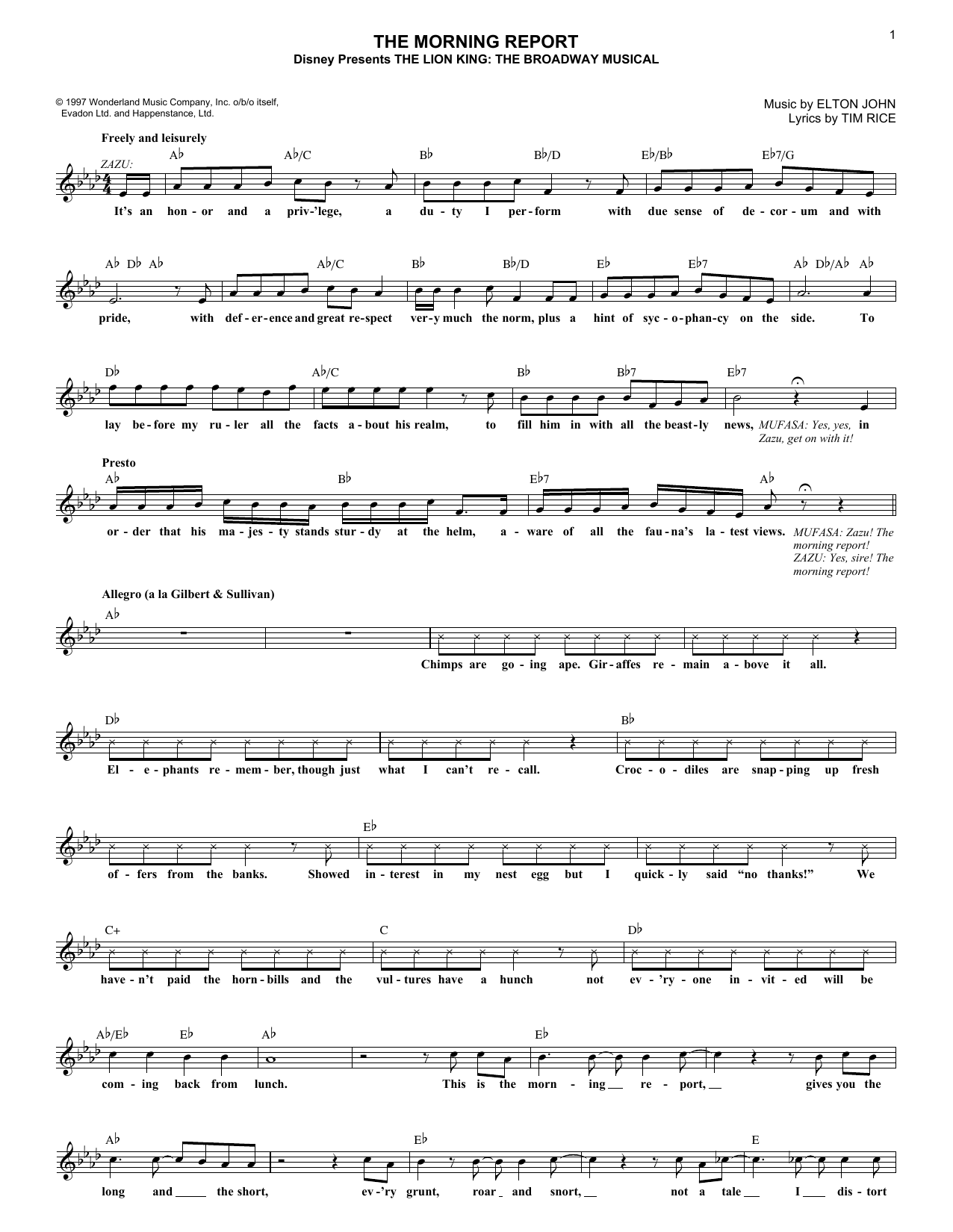 Download Elton John The Morning Report (from The Lion King: Sheet Music