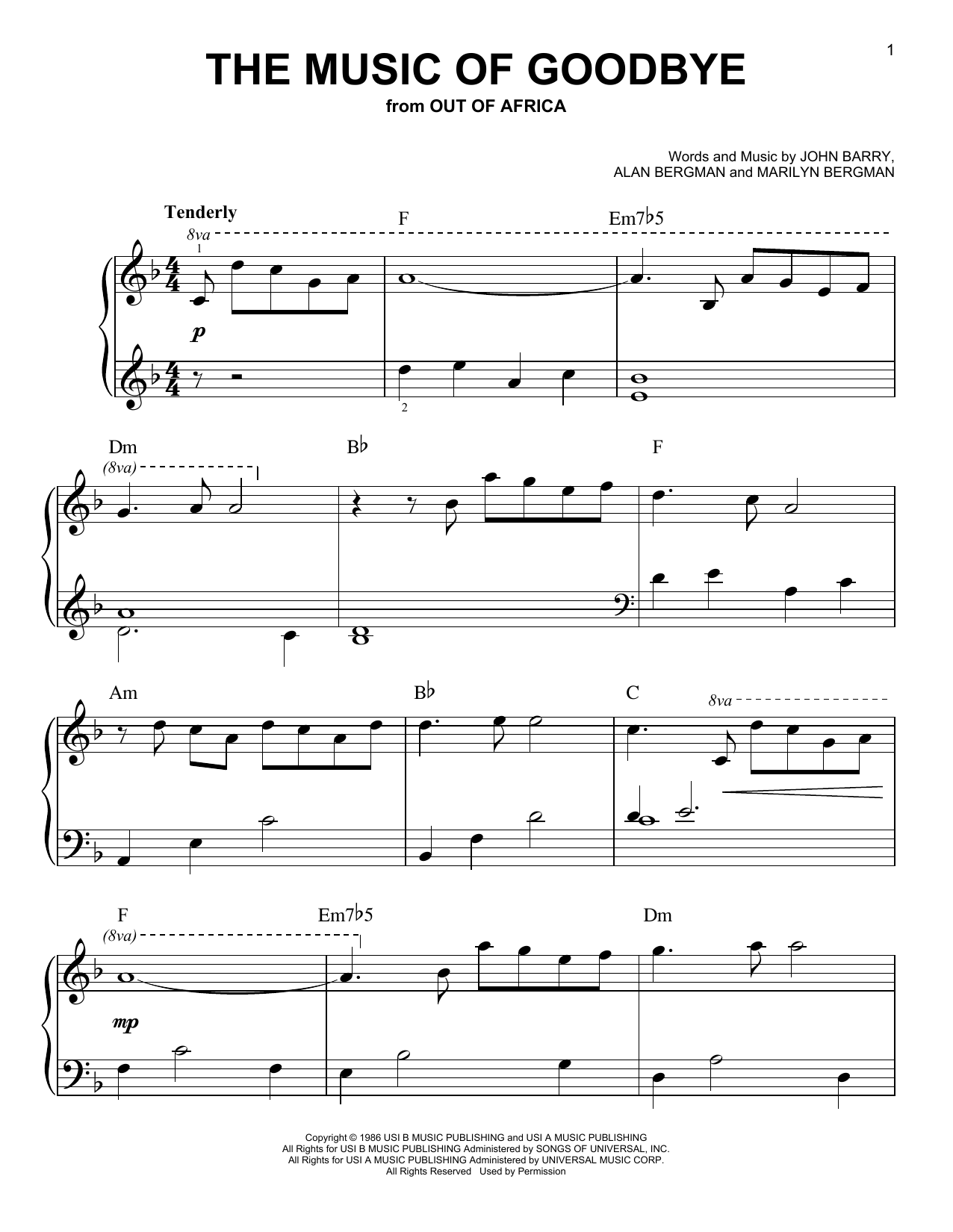 Download Alan Bergman The Music Of Goodbye (from Out of Afric Sheet Music