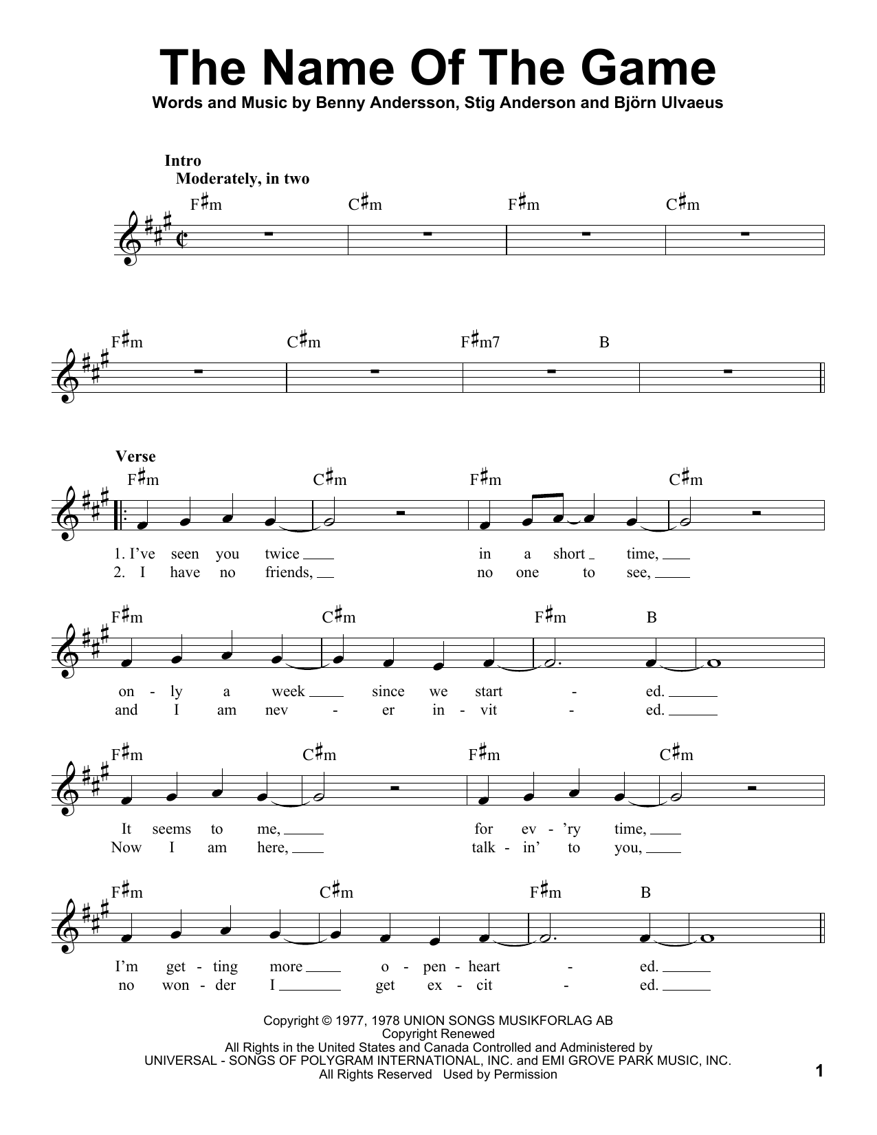 Download Abba The Name Of The Game Sheet Music