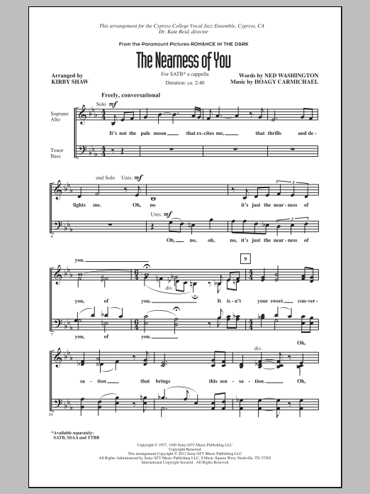 Download Kirby Shaw The Nearness Of You Sheet Music