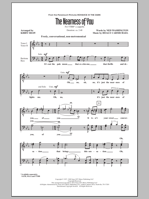 Download Hoagy Carmichael The Nearness Of You (arr. Kirby Shaw) Sheet Music