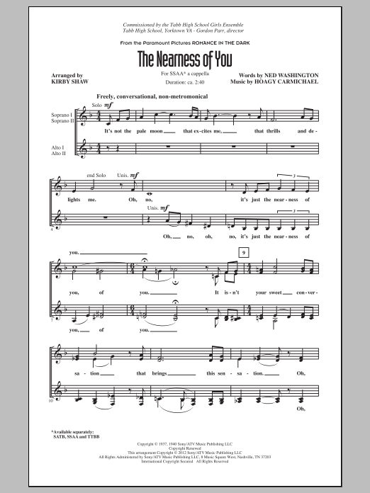 Download Hoagy Carmichael The Nearness Of You (arr. Kirby Shaw) Sheet Music