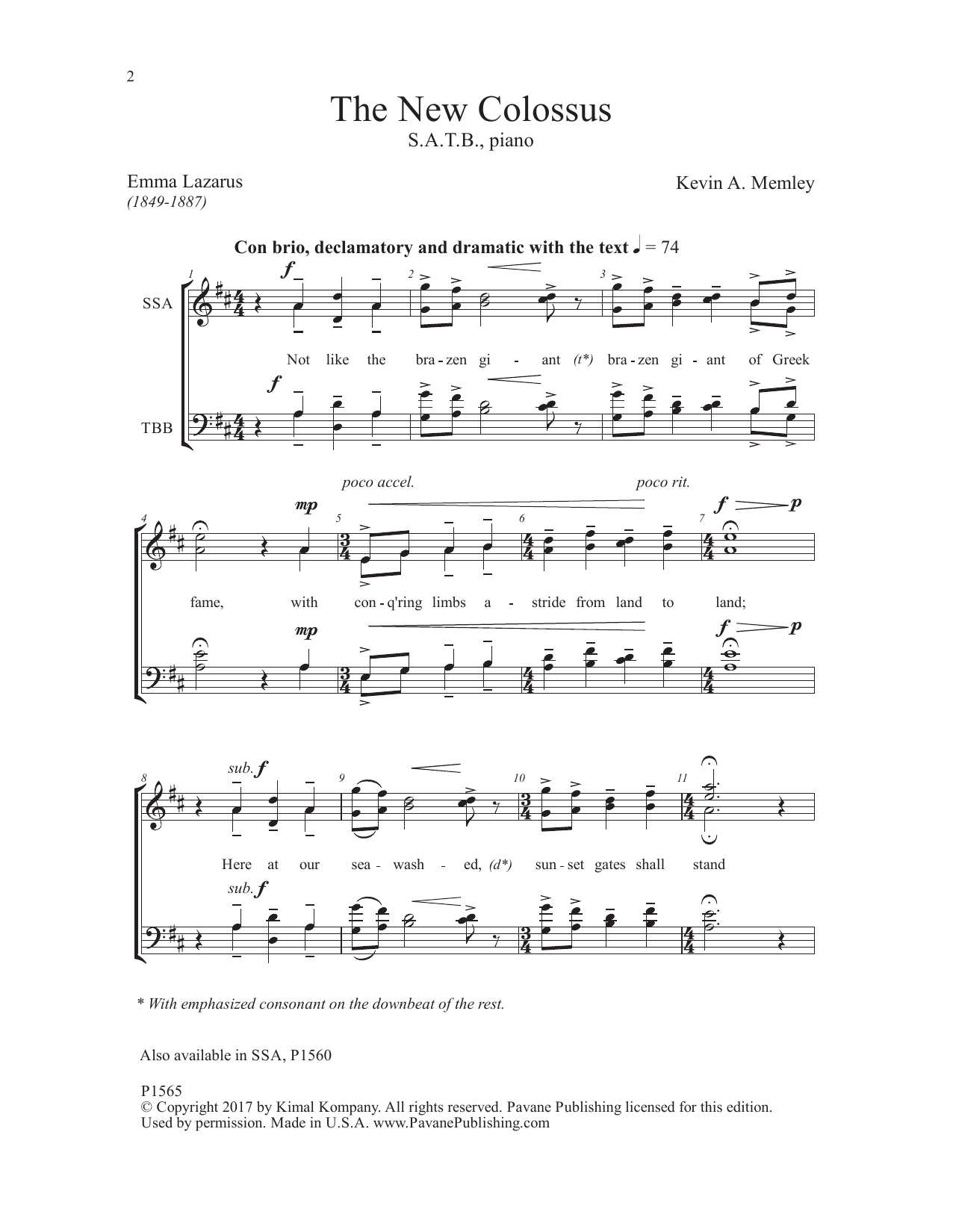 Download Kevin Memley The New Colossus Sheet Music