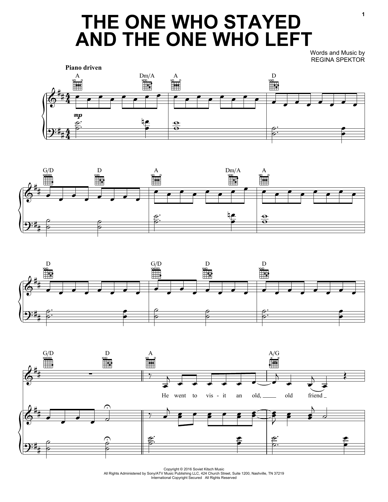 Download Regina Spektor The One Who Stayed And The One Who Left Sheet Music