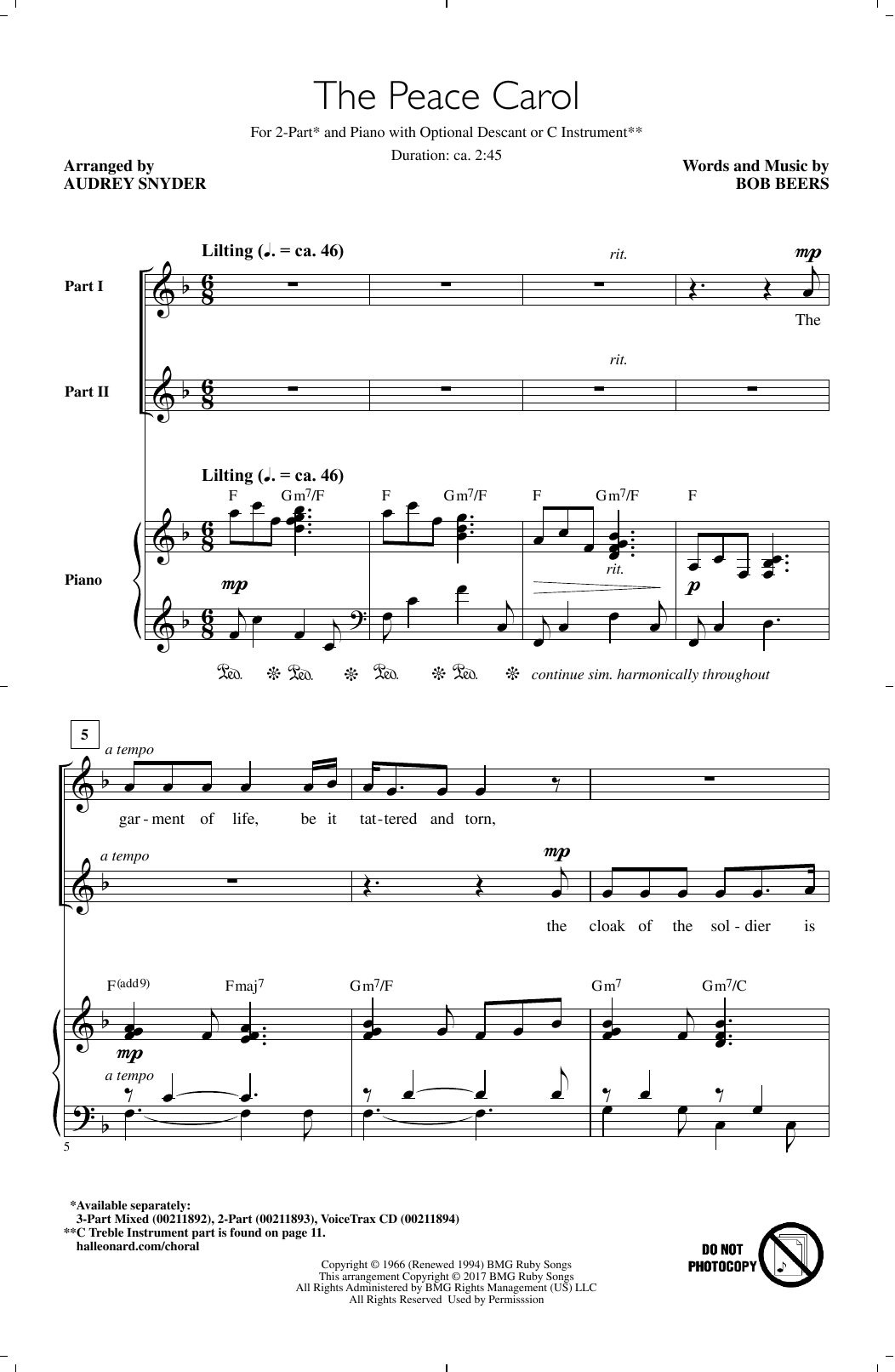 Download Audrey Snyder The Peace Carol Sheet Music