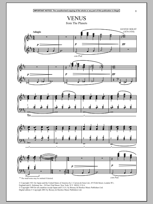 Download Gustav Holst The Planets, Op. 32, Venus Sheet Music