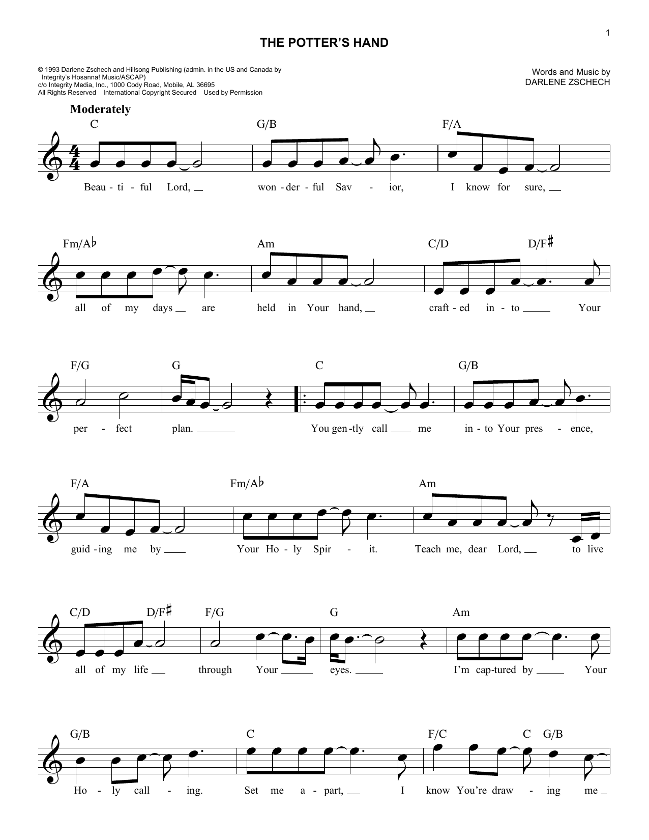 Darlene Zschech The Potter's Hand sheet music notes printable PDF score