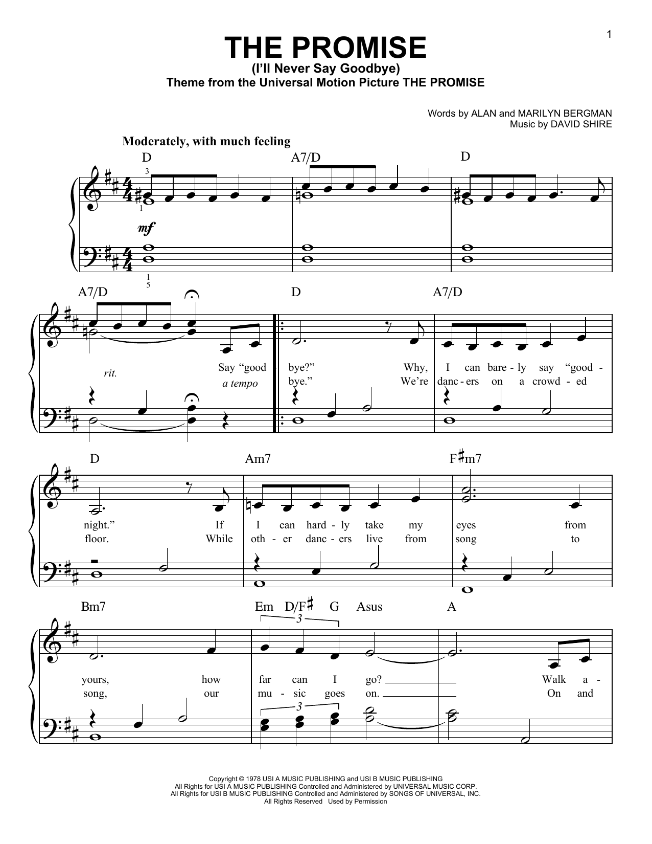 Download David Shire The Promise (I'll Never Say Goodbye) Sheet Music