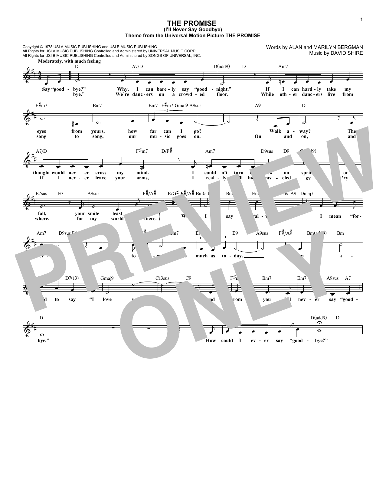 Download David Shire The Promise (I'll Never Say Goodbye) Sheet Music