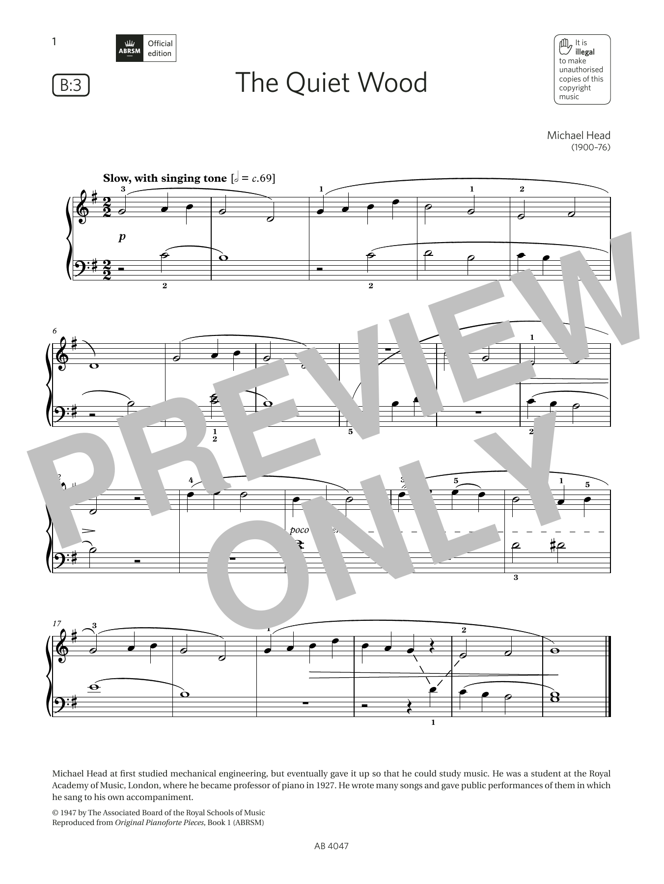 Download Michael Head The Quiet Wood (Grade 1, list B3, from Sheet Music