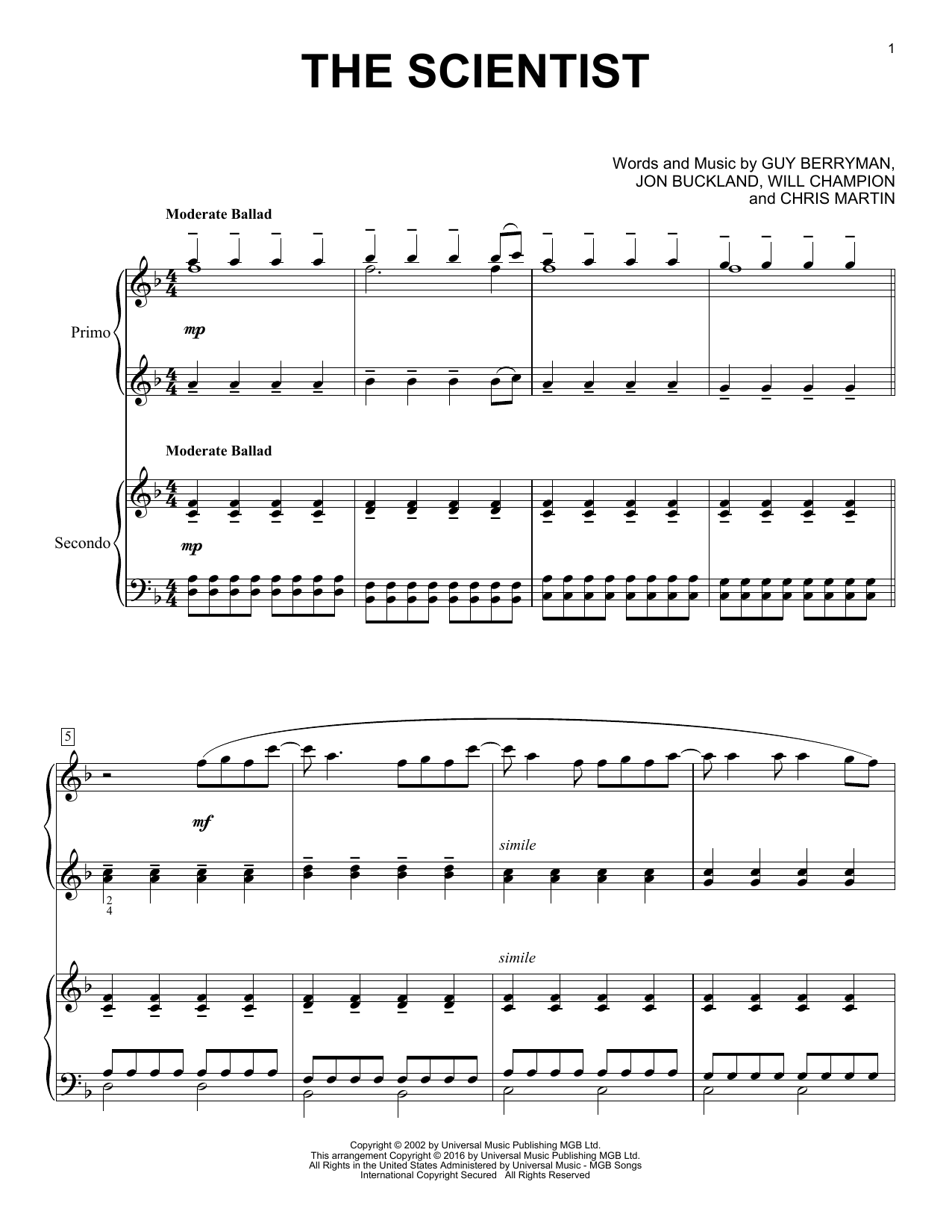 Download Coldplay The Scientist Sheet Music