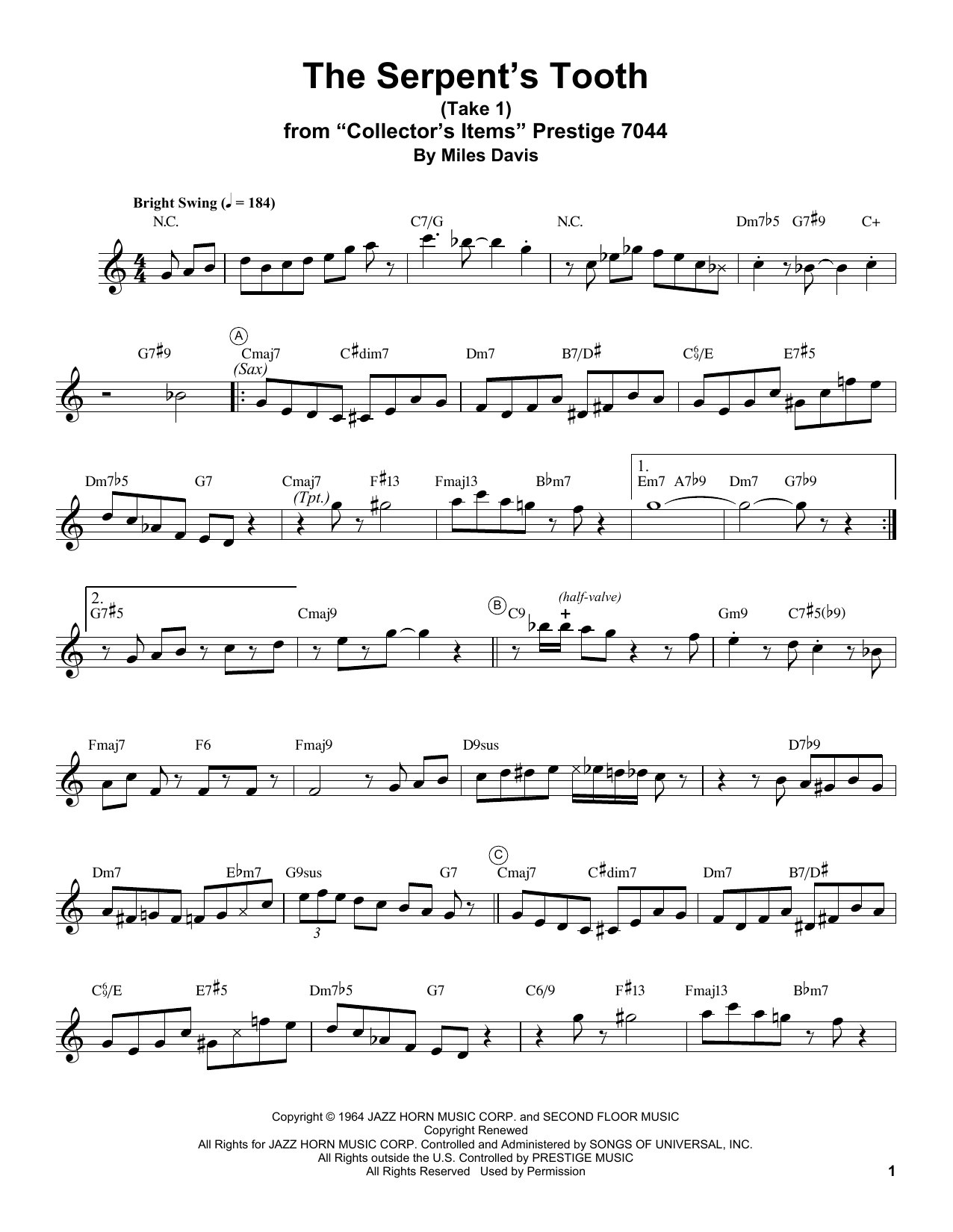 Download Miles Davis The Serpent's Tooth Sheet Music