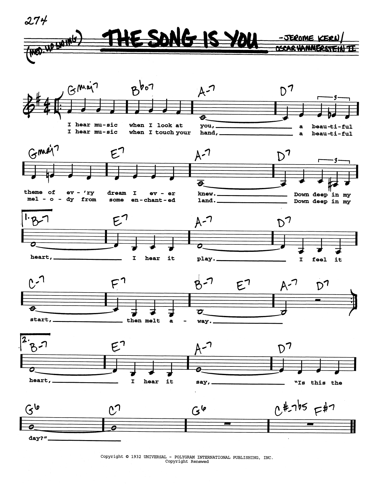 Jerome Kern The Song Is You (Low Voice) sheet music notes printable PDF score