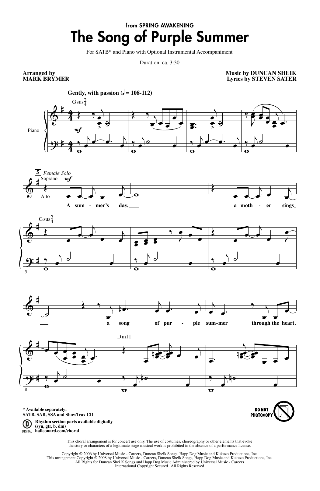 Download Duncan Sheik and Steven Sater The Song Of Purple Summer (from Spring Sheet Music