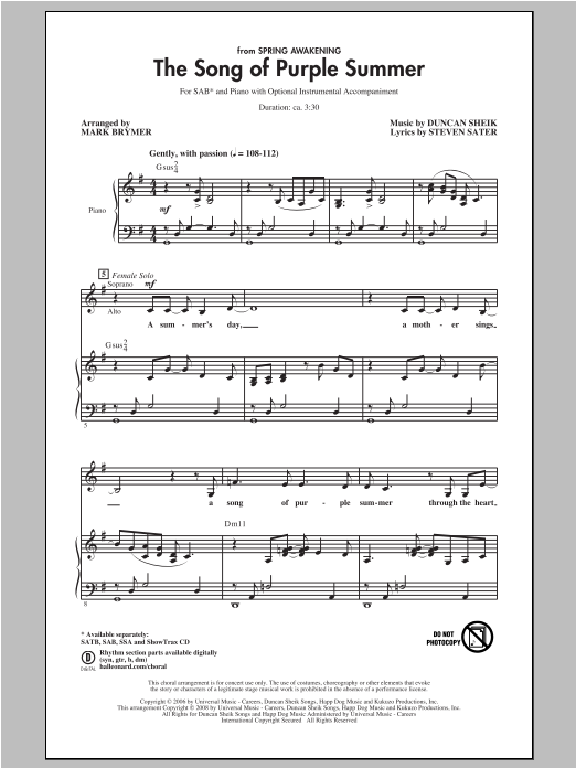 Download Mark Brymer The Song Of Purple Summer Sheet Music